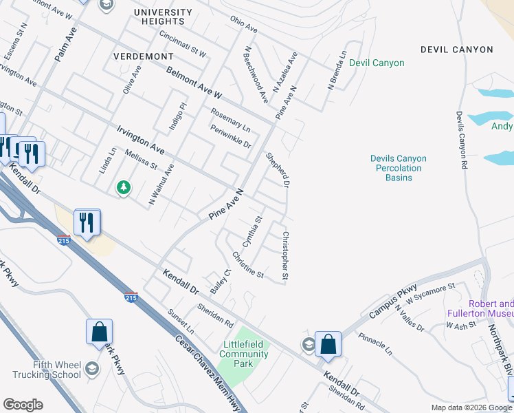 map of restaurants, bars, coffee shops, grocery stores, and more near 2454 James Place in San Bernardino