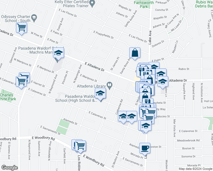 map of restaurants, bars, coffee shops, grocery stores, and more near 600 East Mariposa Street in Altadena