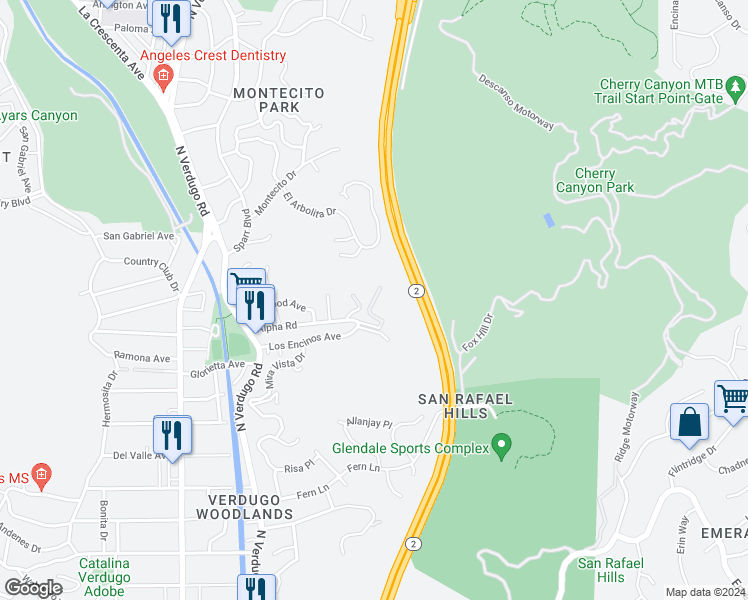 map of restaurants, bars, coffee shops, grocery stores, and more near 1935 Alpha Road in Glendale