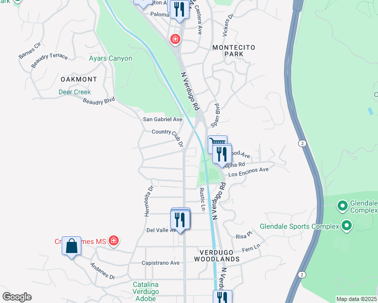 map of restaurants, bars, coffee shops, grocery stores, and more near 1721 Willow Drive in Glendale
