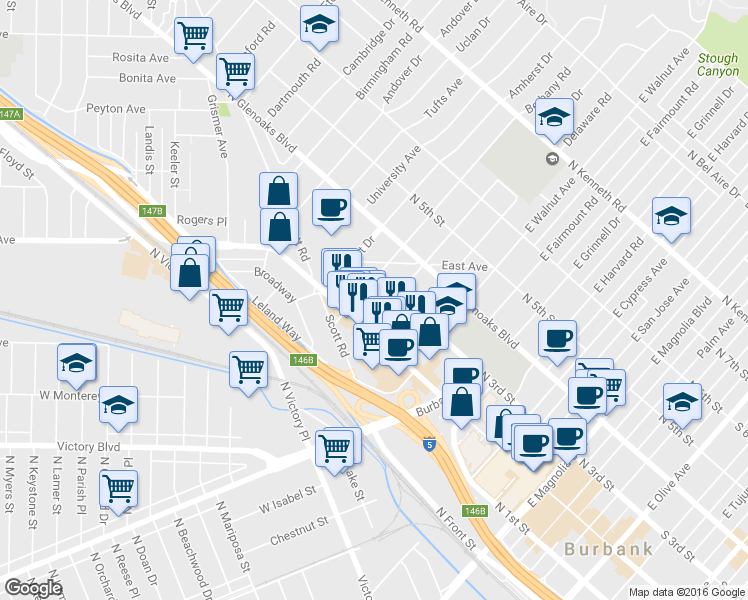 map of restaurants, bars, coffee shops, grocery stores, and more near 230 Bethany Road in Burbank