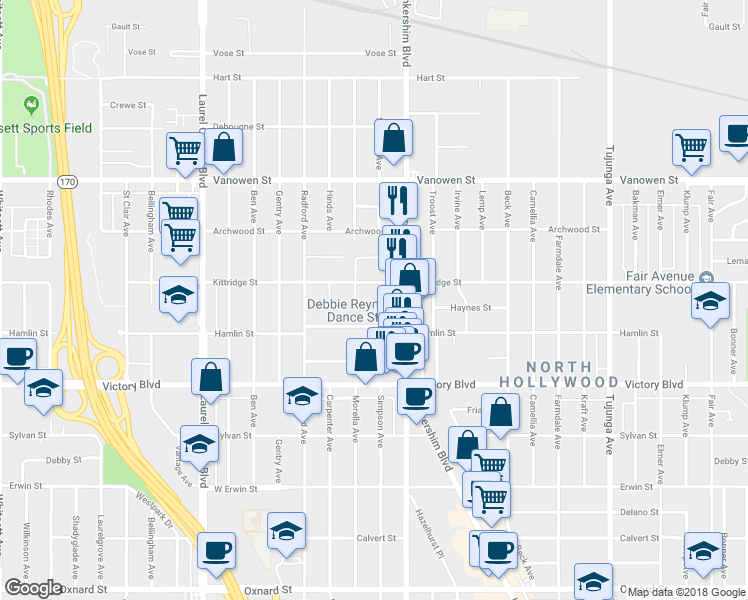 map of restaurants, bars, coffee shops, grocery stores, and more near 6545 Simpson Avenue in Los Angeles
