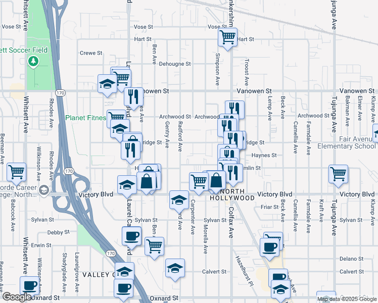 map of restaurants, bars, coffee shops, grocery stores, and more near 6532 Radford Avenue in Los Angeles