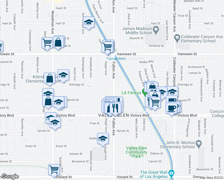 map of restaurants, bars, coffee shops, grocery stores, and more near 6536 Nagle Avenue in Los Angeles