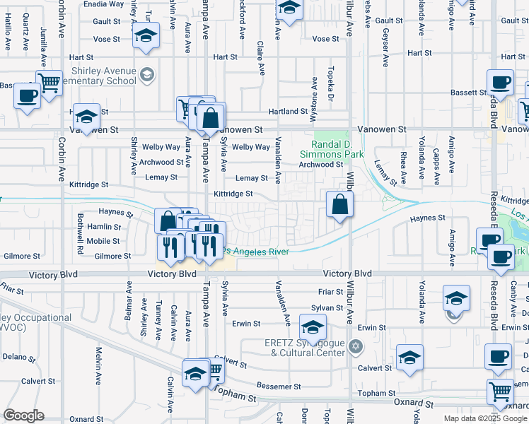 map of restaurants, bars, coffee shops, grocery stores, and more near 6551 Vanalden Avenue in Los Angeles