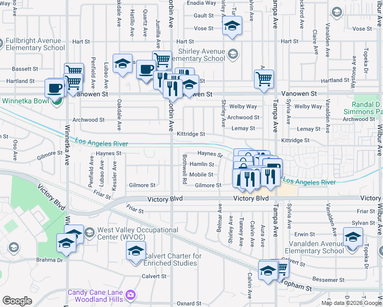 map of restaurants, bars, coffee shops, grocery stores, and more near 19560 Haynes Street in Los Angeles