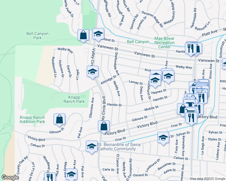 map of restaurants, bars, coffee shops, grocery stores, and more near 6545 Franrivers Avenue in Los Angeles
