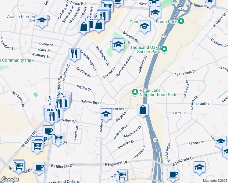 map of restaurants, bars, coffee shops, grocery stores, and more near 962 Whitecliff Road in Thousand Oaks