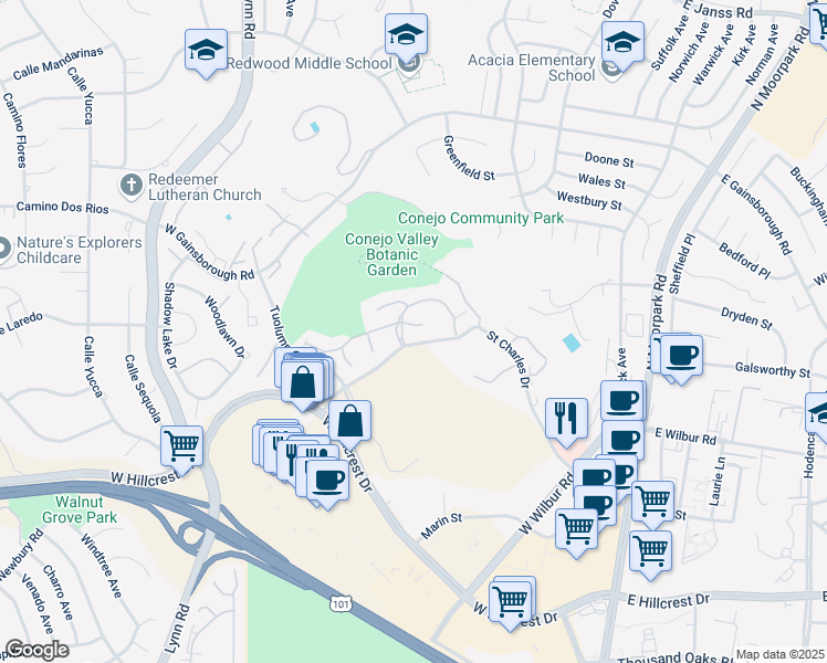 map of restaurants, bars, coffee shops, grocery stores, and more near 290 Sequoia Court in Thousand Oaks