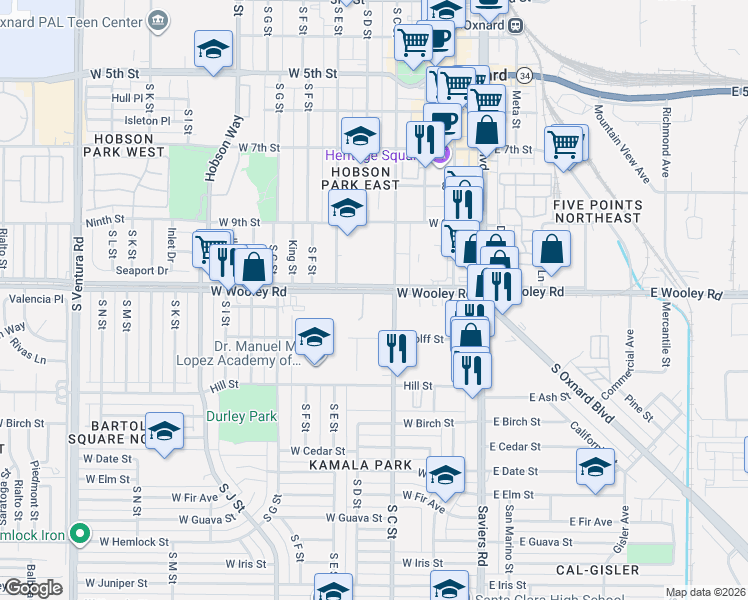 map of restaurants, bars, coffee shops, grocery stores, and more near 460 West Wooley Road in Oxnard