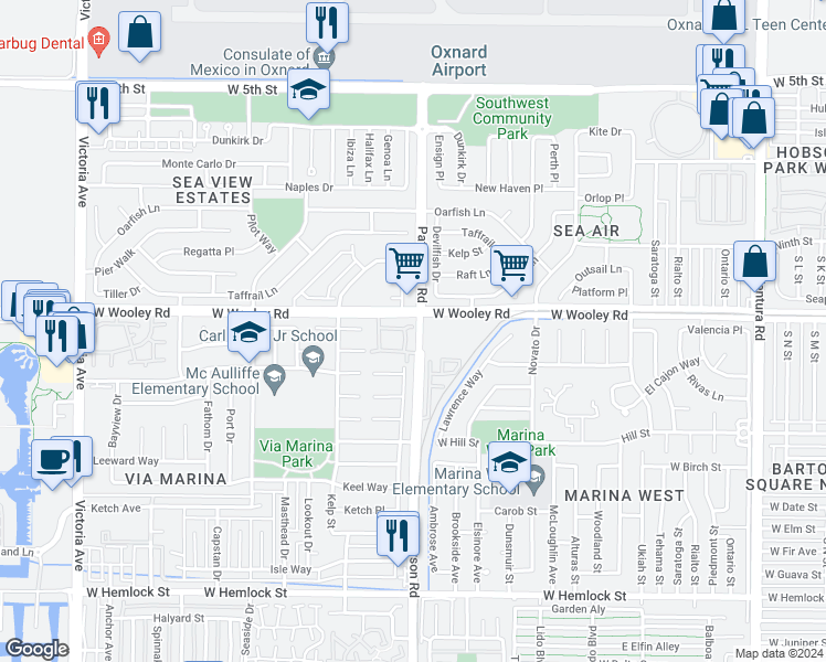 map of restaurants, bars, coffee shops, grocery stores, and more near 1138 Patterson Road in Oxnard