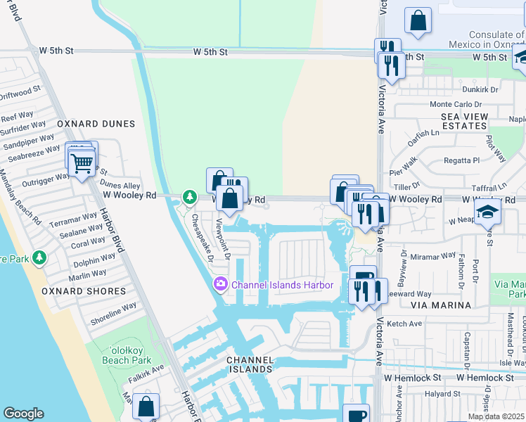 map of restaurants, bars, coffee shops, grocery stores, and more near 4300 Tradewinds Drive in Oxnard