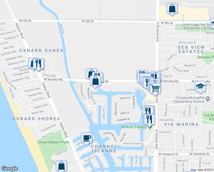 map of restaurants, bars, coffee shops, grocery stores, and more near 4300 Tradewinds Drive in Oxnard