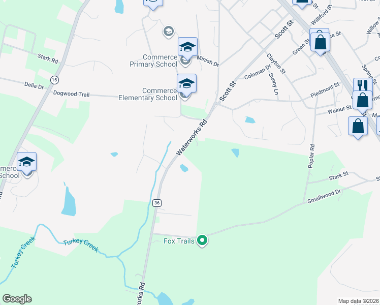 map of restaurants, bars, coffee shops, grocery stores, and more near 679 Waterworks Road in Commerce