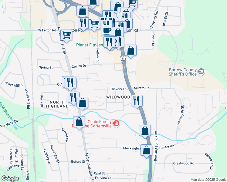 map of restaurants, bars, coffee shops, grocery stores, and more near 8 Birch Way in Cartersville