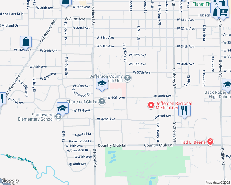 map of restaurants, bars, coffee shops, grocery stores, and more near 1901 West 40th Avenue in Pine Bluff