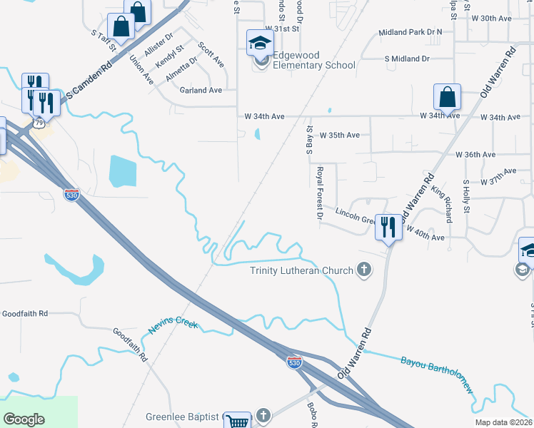 map of restaurants, bars, coffee shops, grocery stores, and more near 129 South Main Street in Pine Bluff