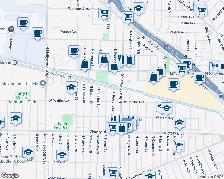 map of restaurants, bars, coffee shops, grocery stores, and more near 2600 Vanowen Street in Burbank