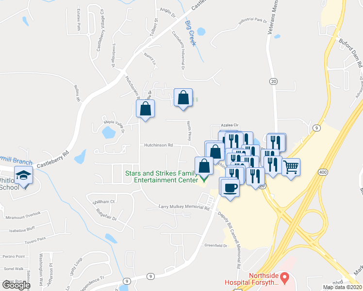 map of restaurants, bars, coffee shops, grocery stores, and more near 3482 Hutchinson Road in Cumming
