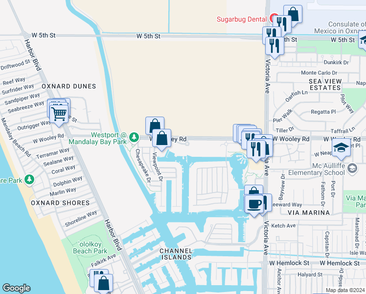 map of restaurants, bars, coffee shops, grocery stores, and more near 4284 Tradewinds Drive in Oxnard