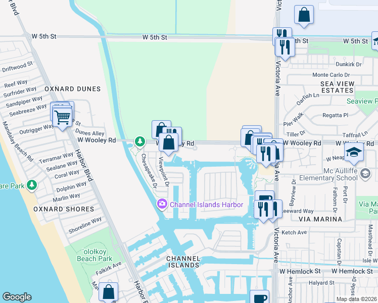 map of restaurants, bars, coffee shops, grocery stores, and more near 4256 Tradewinds Drive in Oxnard