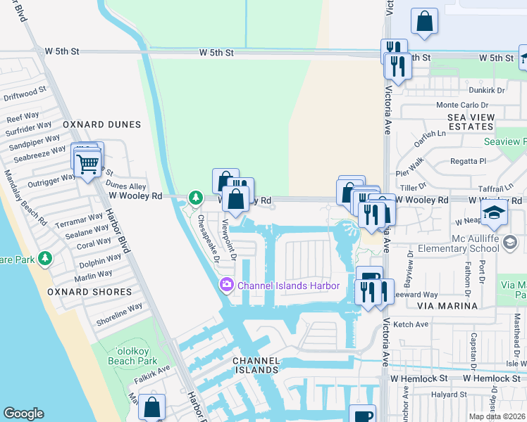 map of restaurants, bars, coffee shops, grocery stores, and more near 4256 Tradewinds Drive in Oxnard