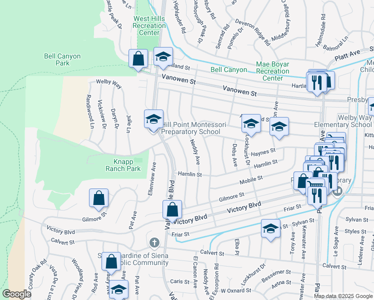map of restaurants, bars, coffee shops, grocery stores, and more near 6545 Franrivers Avenue in Los Angeles
