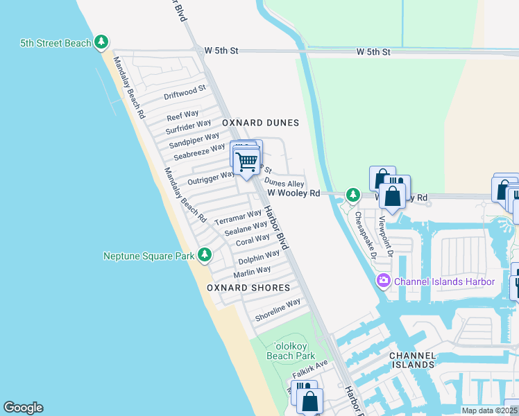 map of restaurants, bars, coffee shops, grocery stores, and more near 5000 Terramar Way in Oxnard
