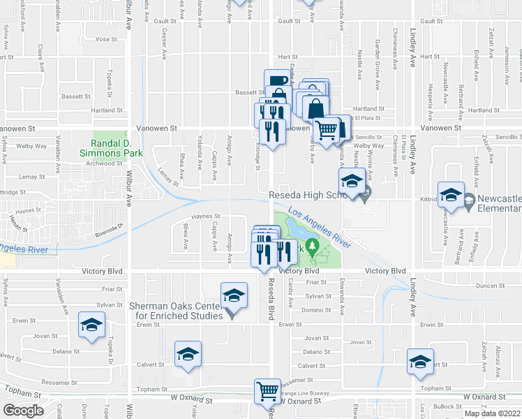 map of restaurants, bars, coffee shops, grocery stores, and more near 6560 Reseda Boulevard in Los Angeles