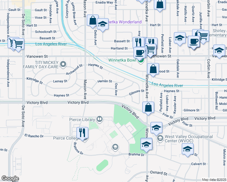 map of restaurants, bars, coffee shops, grocery stores, and more near 20308 Mobile Street in Los Angeles