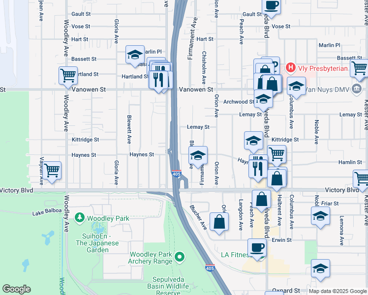 map of restaurants, bars, coffee shops, grocery stores, and more near 6527 Blucher Avenue in Los Angeles