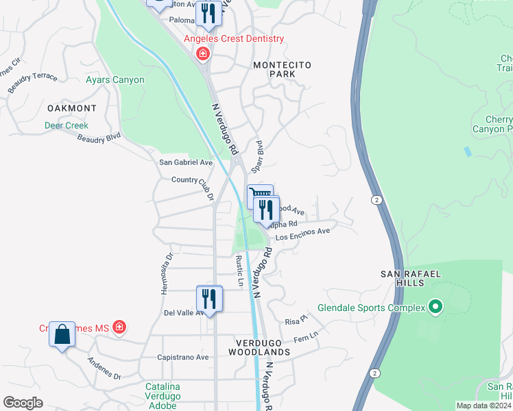 map of restaurants, bars, coffee shops, grocery stores, and more near 2940 North Verdugo Road in Glendale
