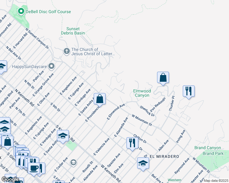 map of restaurants, bars, coffee shops, grocery stores, and more near 1134 East Providencia Avenue in Burbank