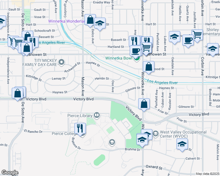 map of restaurants, bars, coffee shops, grocery stores, and more near 20308 Mobile Street in Los Angeles