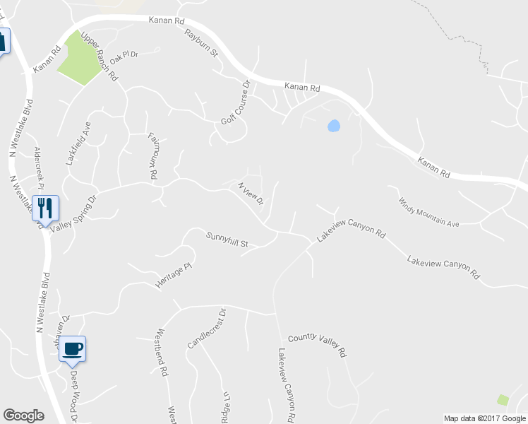 map of restaurants, bars, coffee shops, grocery stores, and more near 1447 North View Drive in Westlake Village