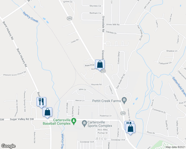 map of restaurants, bars, coffee shops, grocery stores, and more near 205 Middlebrook Drive in Cartersville