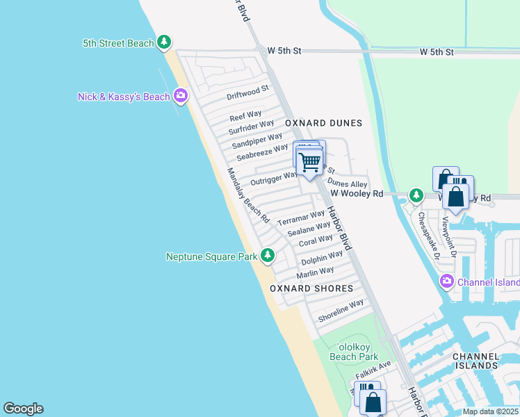 map of restaurants, bars, coffee shops, grocery stores, and more near 5270 West Wooley Road in Oxnard
