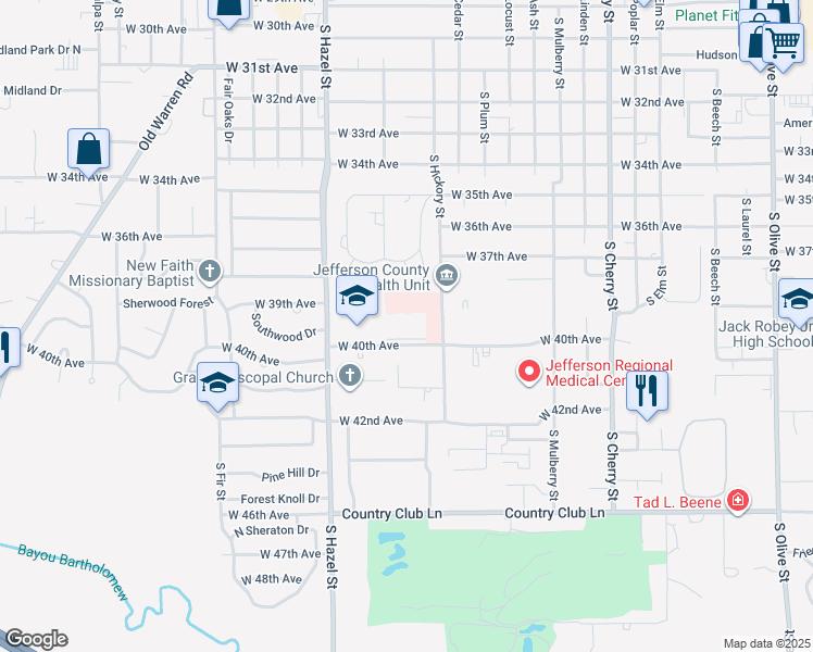 map of restaurants, bars, coffee shops, grocery stores, and more near 1901 West 40th Avenue in Pine Bluff