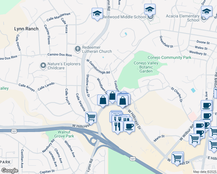 map of restaurants, bars, coffee shops, grocery stores, and more near 728 Tuolumne Avenue in Thousand Oaks