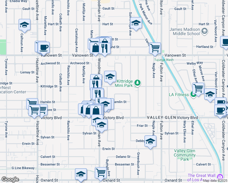 map of restaurants, bars, coffee shops, grocery stores, and more near 6539 Ventura Canyon Avenue in Los Angeles