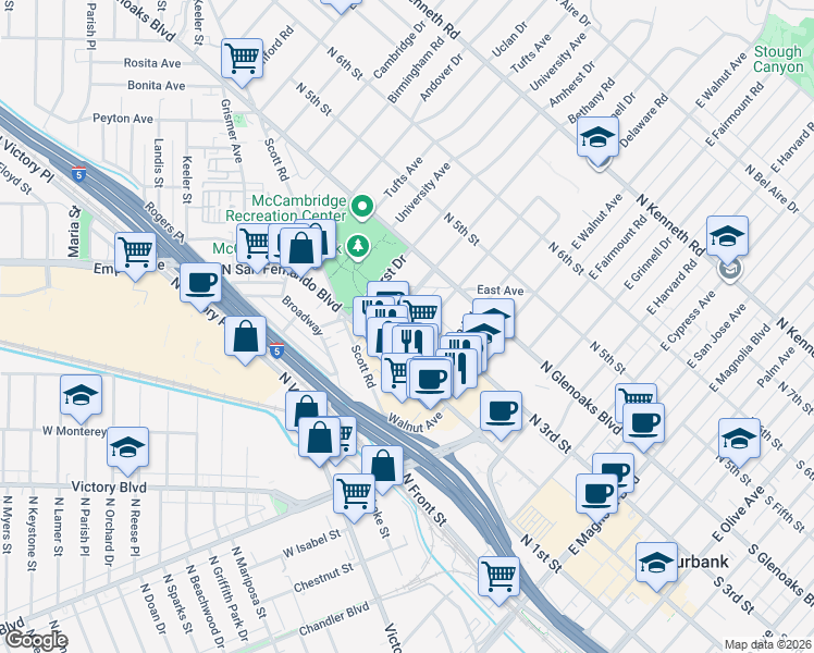 map of restaurants, bars, coffee shops, grocery stores, and more near in Burbank