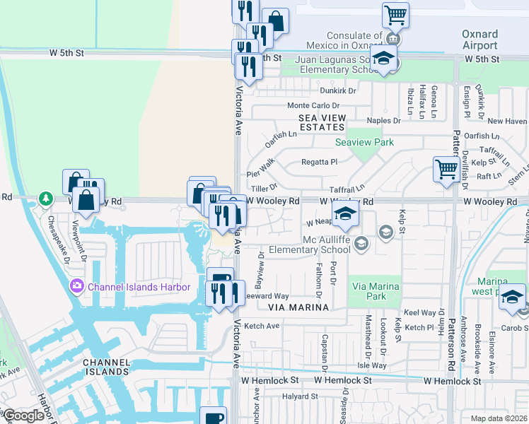 map of restaurants, bars, coffee shops, grocery stores, and more near 3712 Via Pacifica Walk in Oxnard