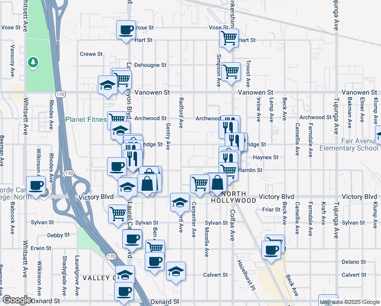 map of restaurants, bars, coffee shops, grocery stores, and more near 11840 Kittridge Street in North Hollywood