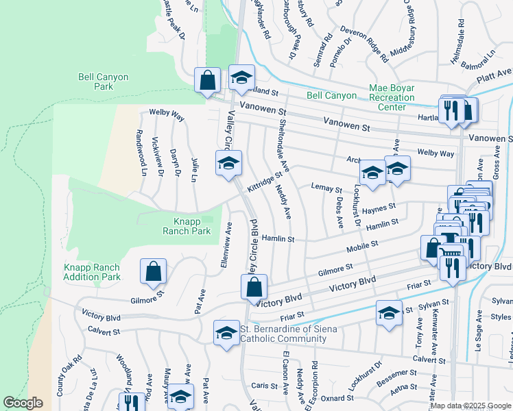 map of restaurants, bars, coffee shops, grocery stores, and more near 6552 Valley Circle Boulevard in Los Angeles