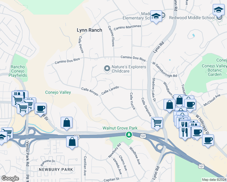 map of restaurants, bars, coffee shops, grocery stores, and more near 726 Camino Durango in Thousand Oaks