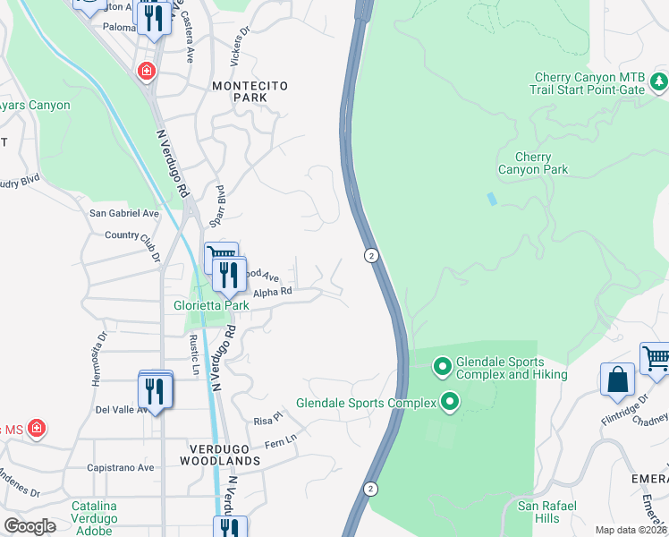 map of restaurants, bars, coffee shops, grocery stores, and more near 1935 Alpha Road in Glendale