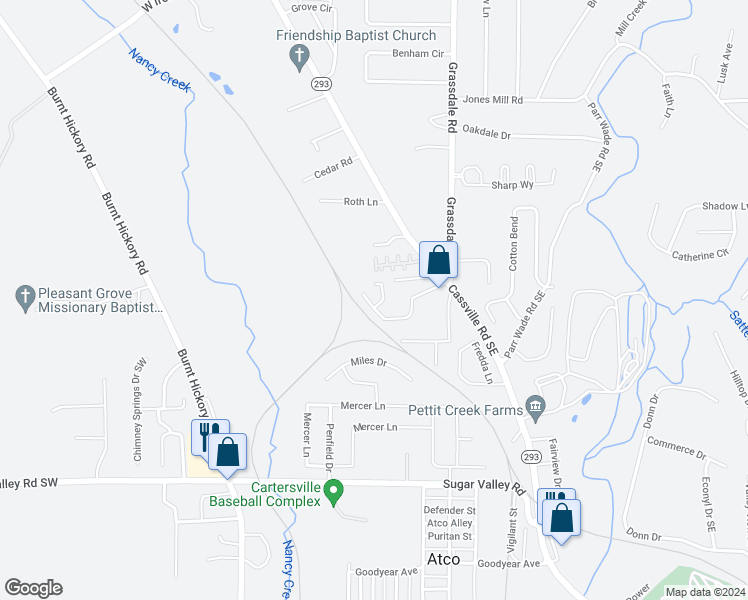 map of restaurants, bars, coffee shops, grocery stores, and more near 88 Middlebrook Drive in Cartersville