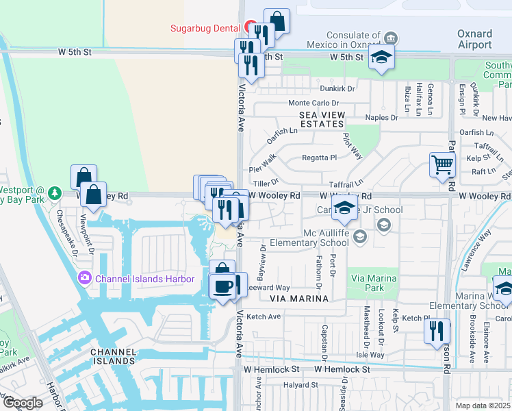 map of restaurants, bars, coffee shops, grocery stores, and more near 3732 Via Pacifica Walk in Oxnard