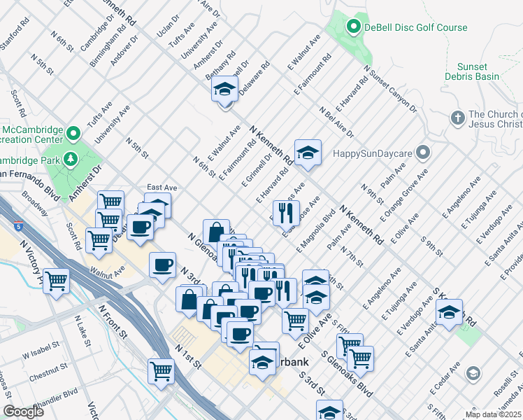 map of restaurants, bars, coffee shops, grocery stores, and more near 620 North 6th Street in Burbank