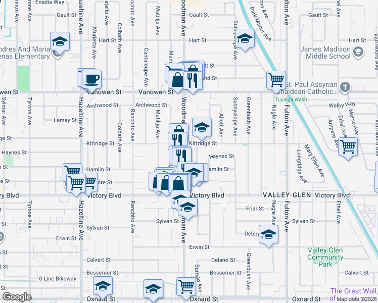 map of restaurants, bars, coffee shops, grocery stores, and more near 6546 Woodman Avenue in Los Angeles